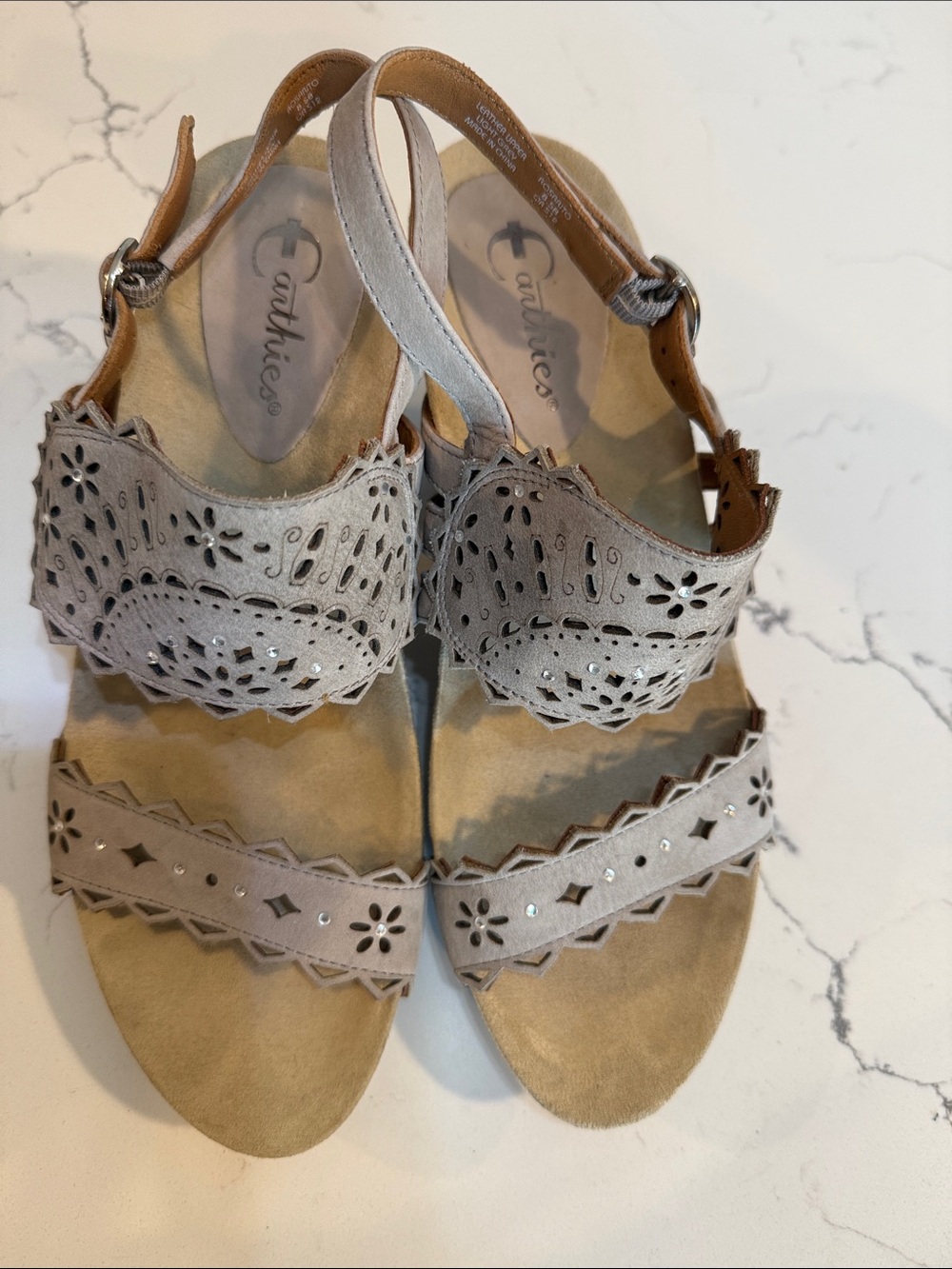 Earthies Light Grey Laser-Cut Scalloped Slingback Sandals with Stud Accents